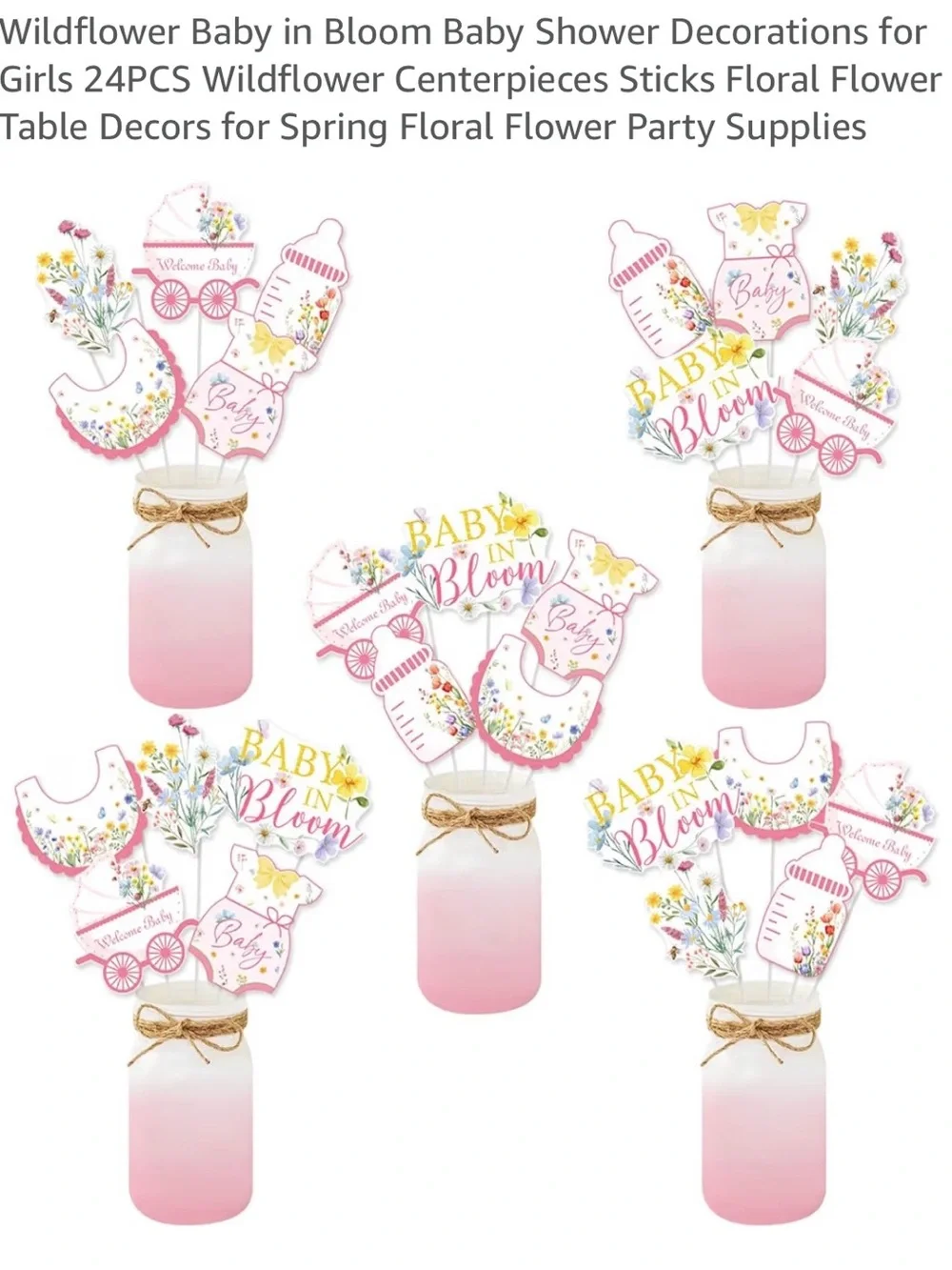 Wildflower Baby in Bloom Pink Baby Shower Centerpiece Picks (24- pk